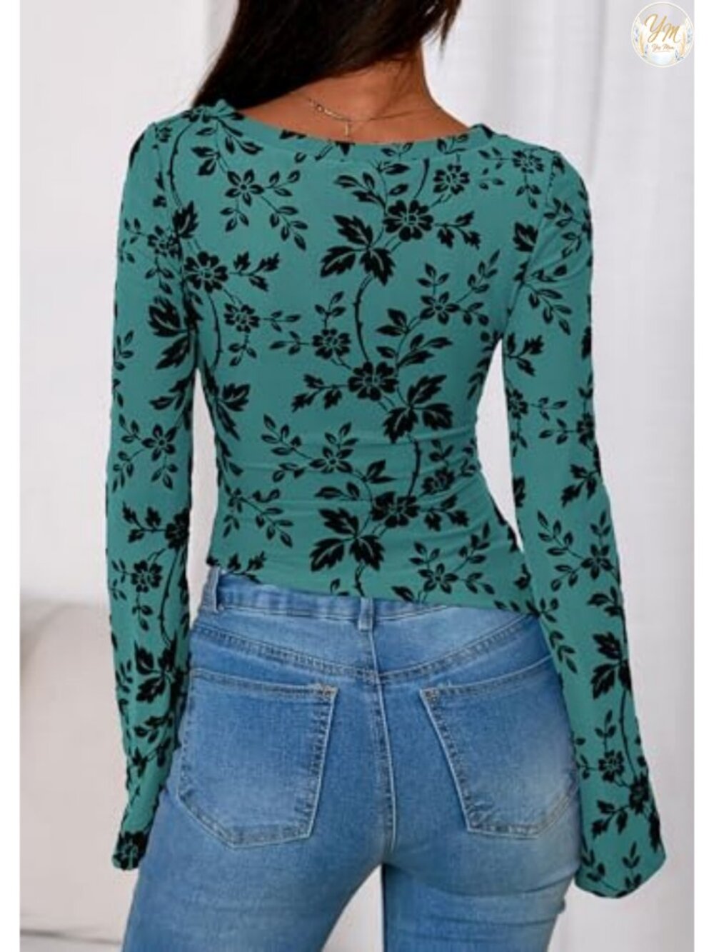 Women's Floral Mesh Boho Bell Sleeve Blouse Boat Neck Ruched Top - Picture 4 of 6